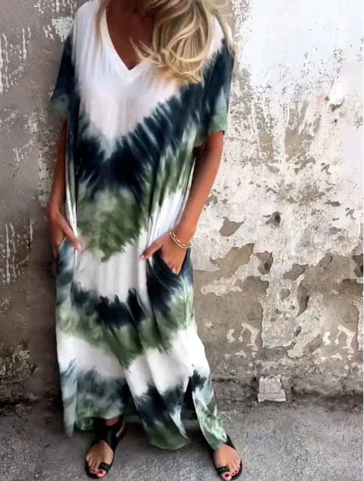 Plus-Size Printed Short-Sleeve Dress (With Pockets)