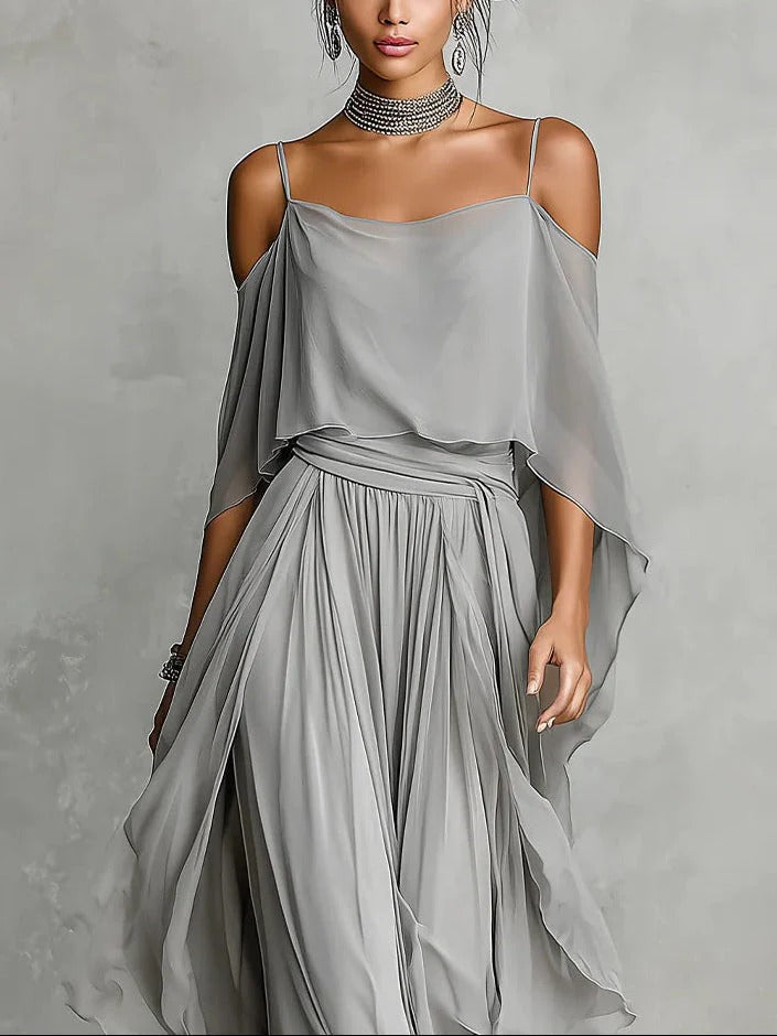 Isabela™ | Gray Fluid Set with Spaghetti Strap Top and Lightweight Pants