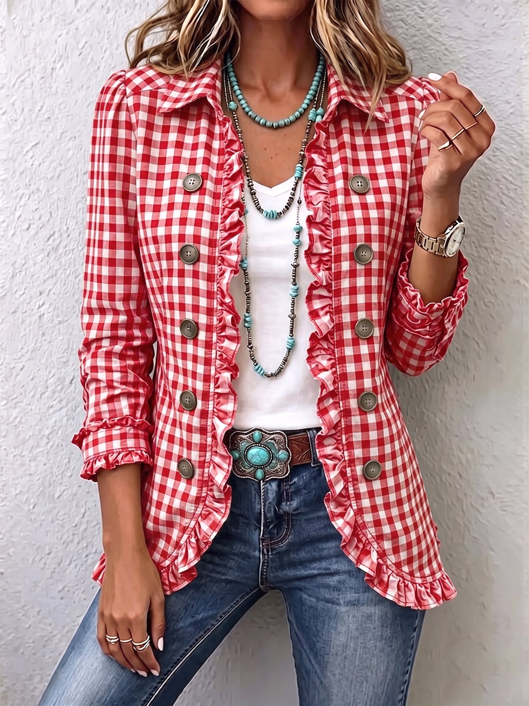 Arlette™ | Gingham Ruffled Button-Down Jacket
