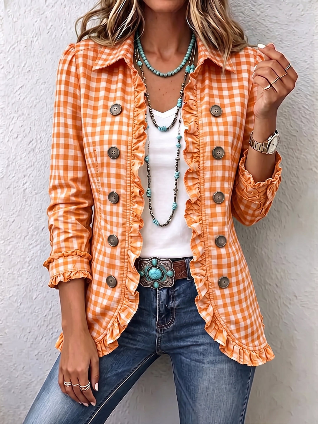 Arlette™ | Gingham Ruffled Button-Down Jacket