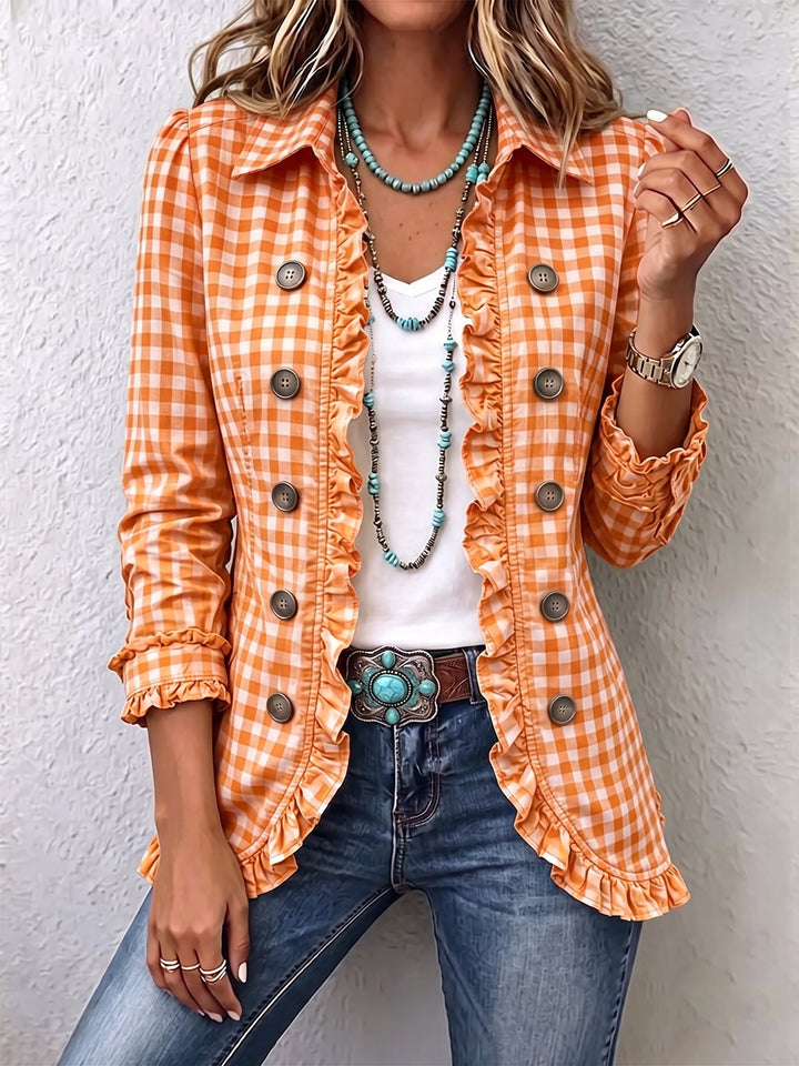 Arlette™ | Gingham Ruffled Button-Down Jacket