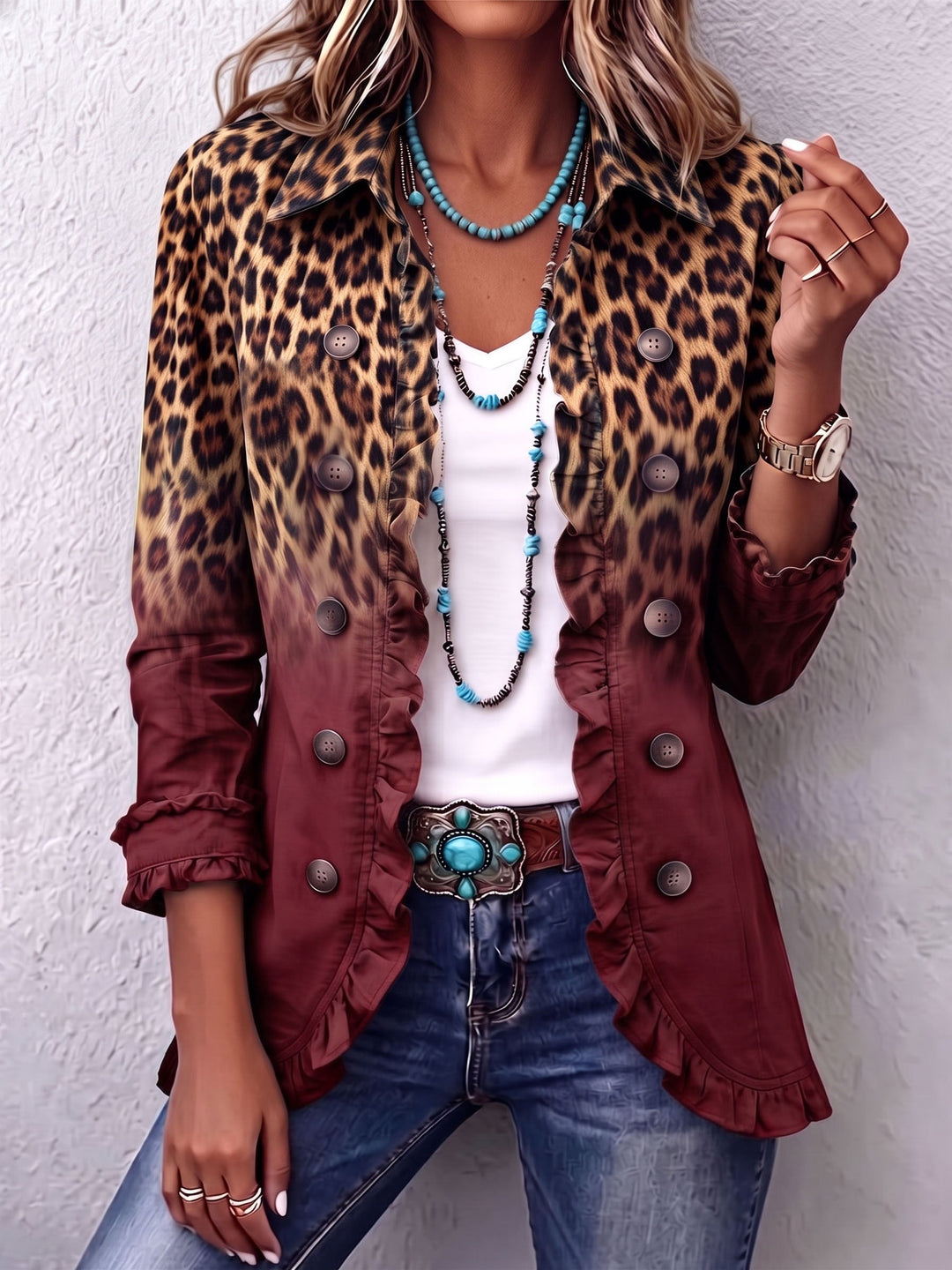 April™ | Leopard Ombre Ruffle Blazer Jacket