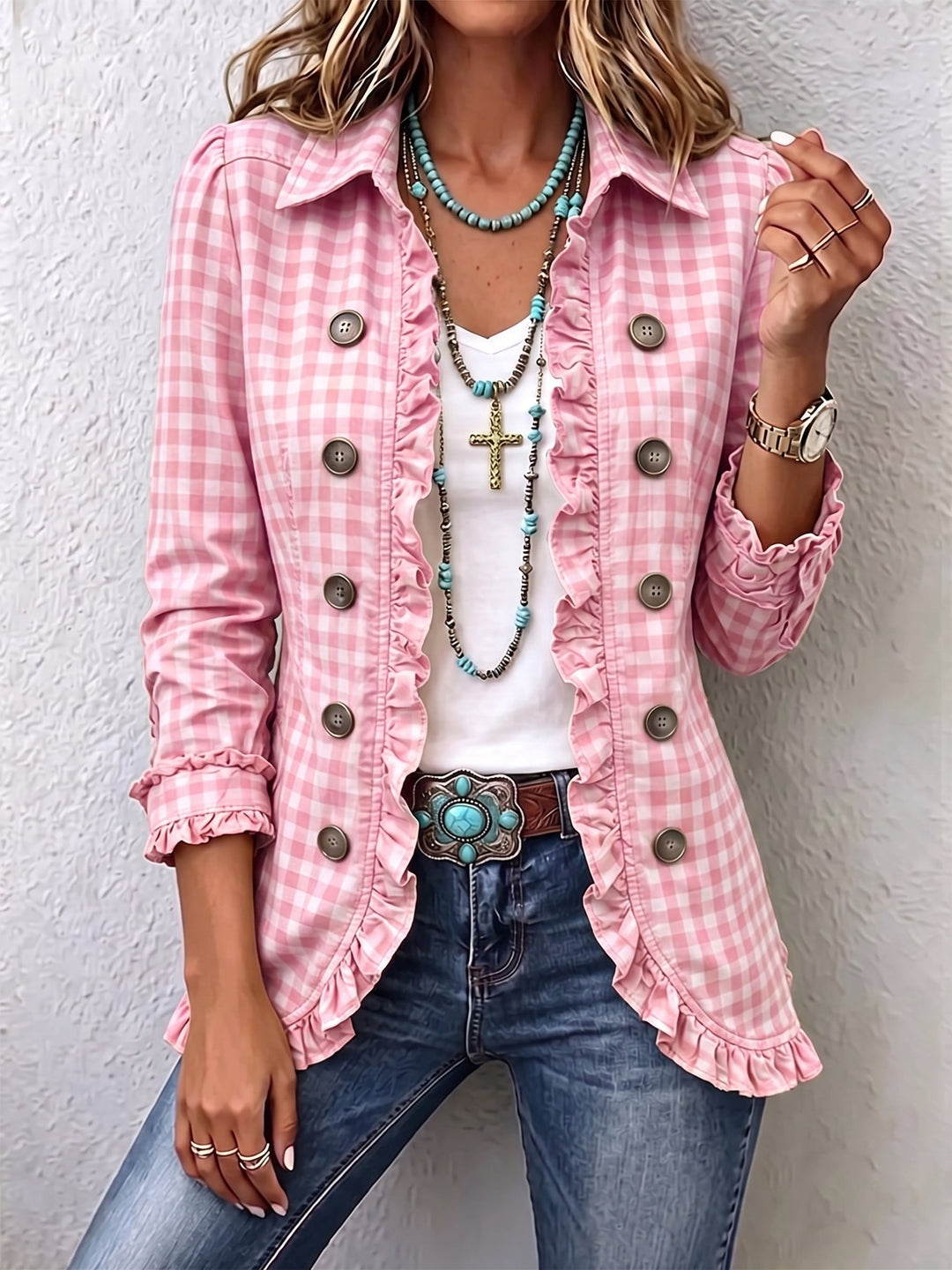 Arlette™ | Gingham Ruffled Button-Down Jacket