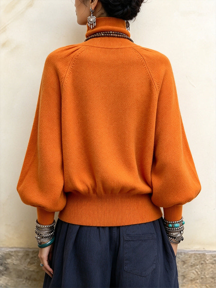 Cozy High-Neck Pleated Lantern-Sleeve Sweater
