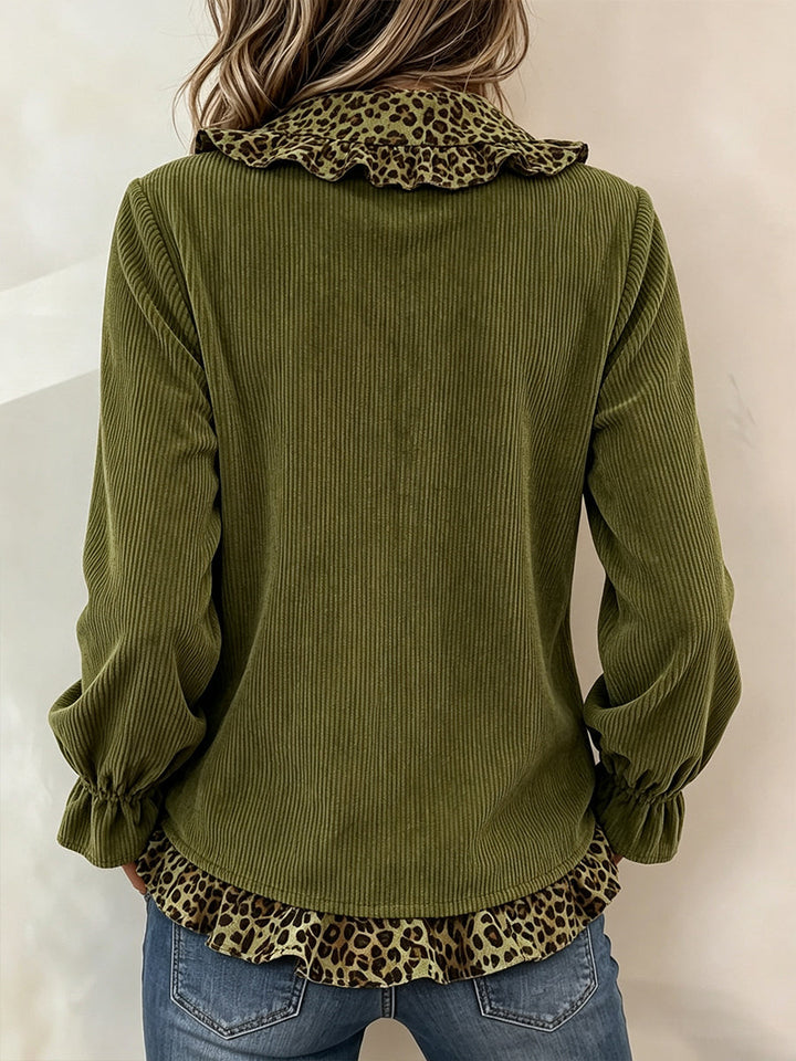Loretta™ Leopard-Trim Ruffle Blouse