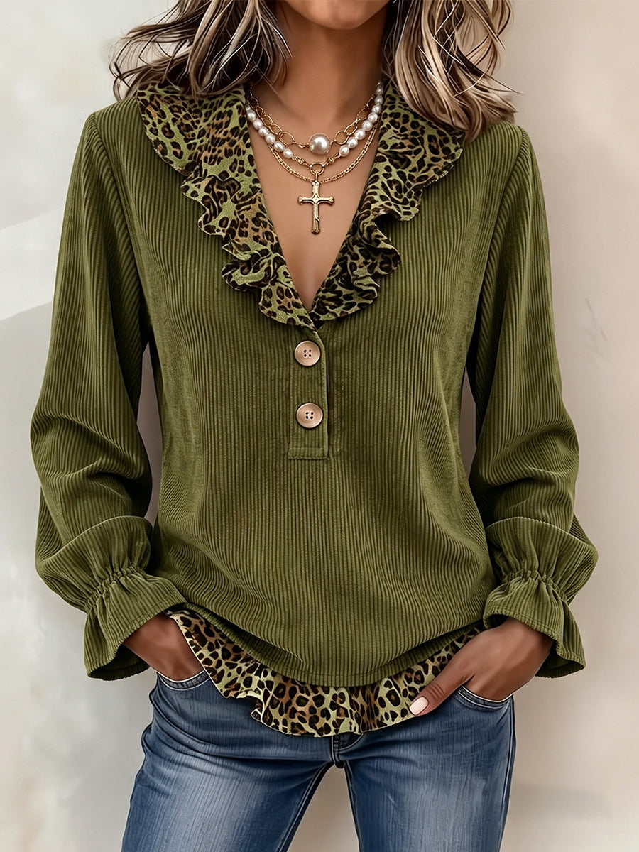 Loretta™ Leopard-Trim Ruffle Blouse