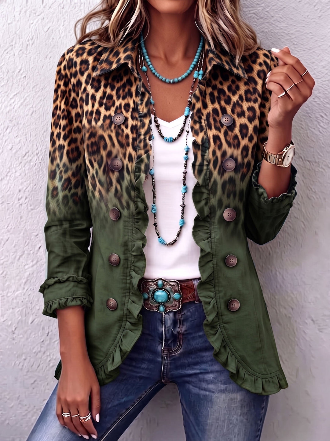 April™ | Leopard Ombre Ruffle Blazer Jacket