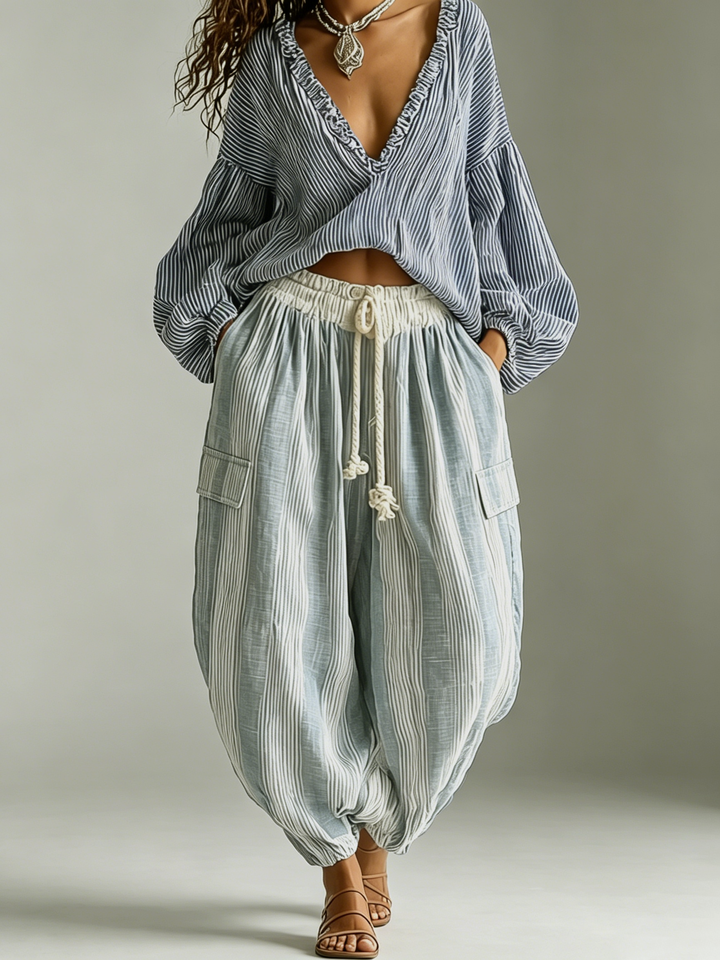 Bohemian Striped Lantern-Sleeve Top and Lantern Pants Two-Piece Set