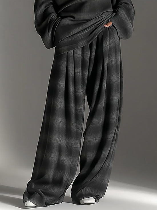 Loose Off-Shoulder Plaid Top and Pants Chic Two-Piece Set