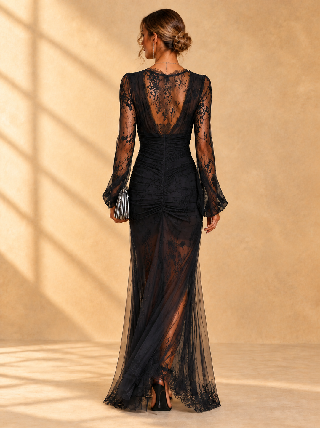 Valetina™ | Long black dress with deep V-neck and dramatic slit