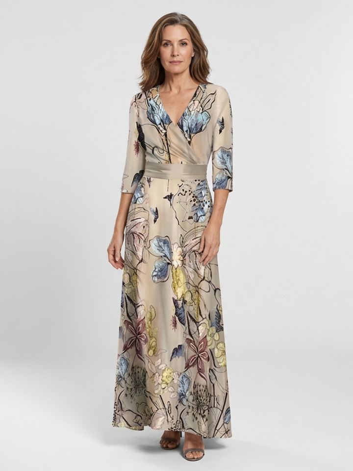 Esther™ | Three Quarter Sleeve Floral Maxi Wrap Dress
