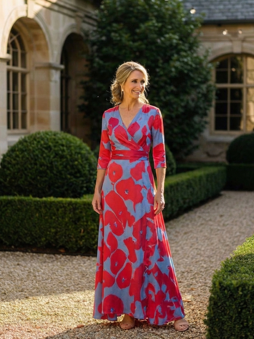 Danielle™ | Three Quarter Sleeve V Neck Floral Maxi Dress