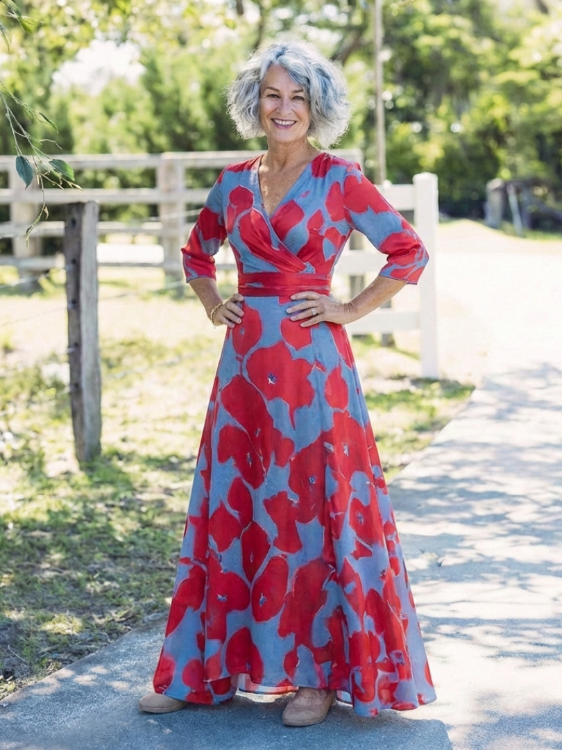 Danielle™ | Three Quarter Sleeve V Neck Floral Maxi Dress