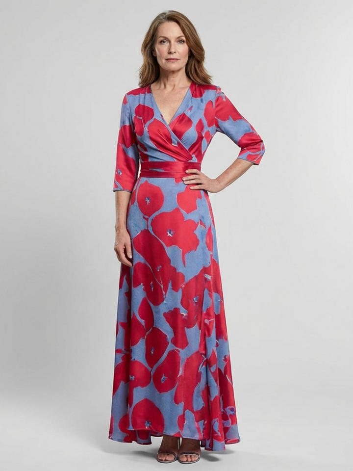 Danielle™ | Three Quarter Sleeve V Neck Floral Maxi Dress