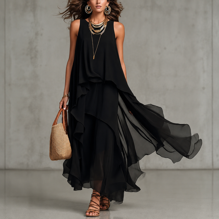 Anabel™ | Black chiffon dress with irregular hem and sleeveless cut