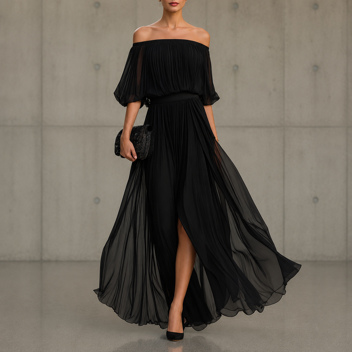 Henrietta™ | Off-shoulder chiffon dress with ruched skirt and side slit