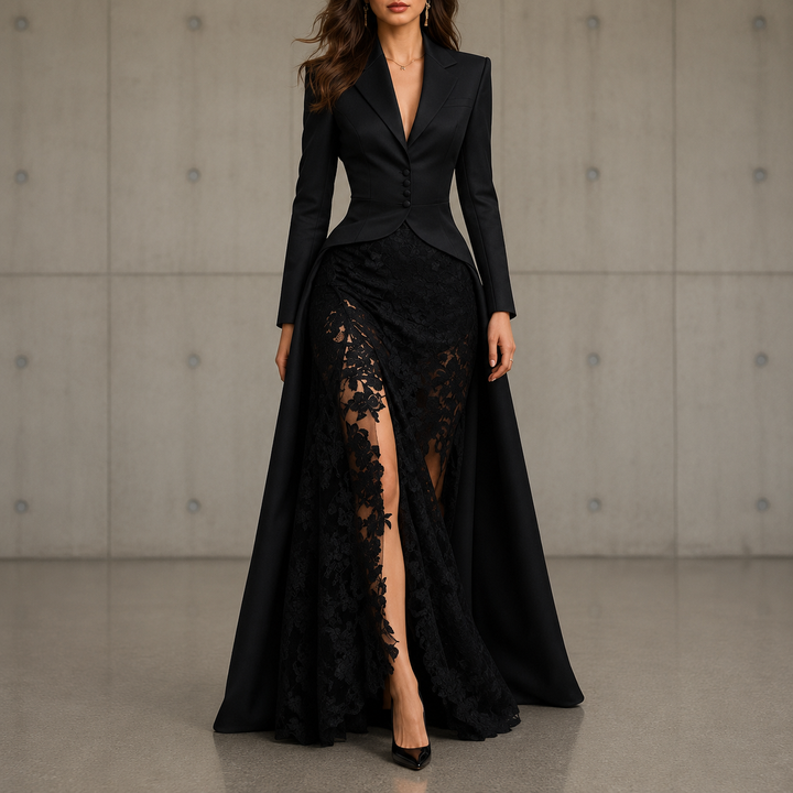 Gwendolen™ | Black two-piece lace dress with cutout waist and side slit