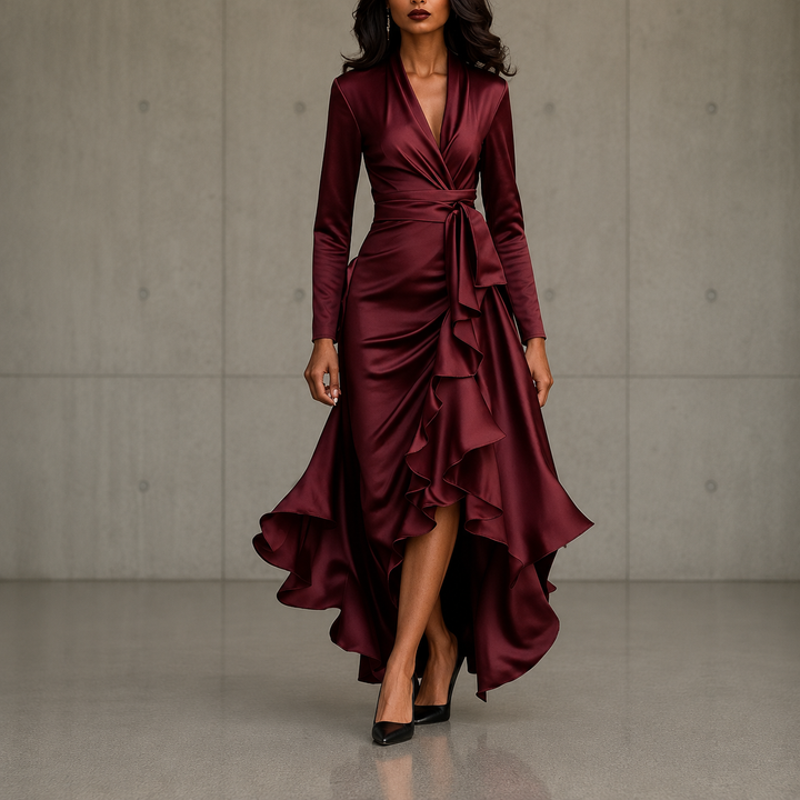 Charlotte™ | Long-sleeve evening dress with ruched V-neck bodice