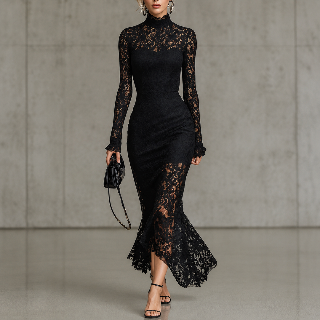 Godiva™ | Black lace evening dress with mock neck and long sleeves