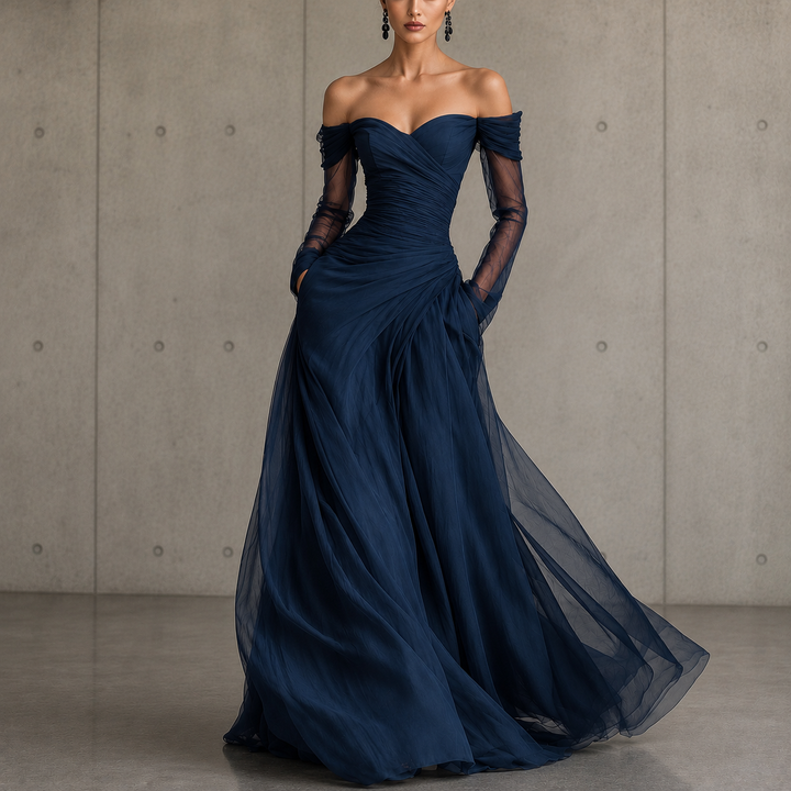Scarlett™ | Navy tulle gown with off-shoulder sleeves and pleated skirt