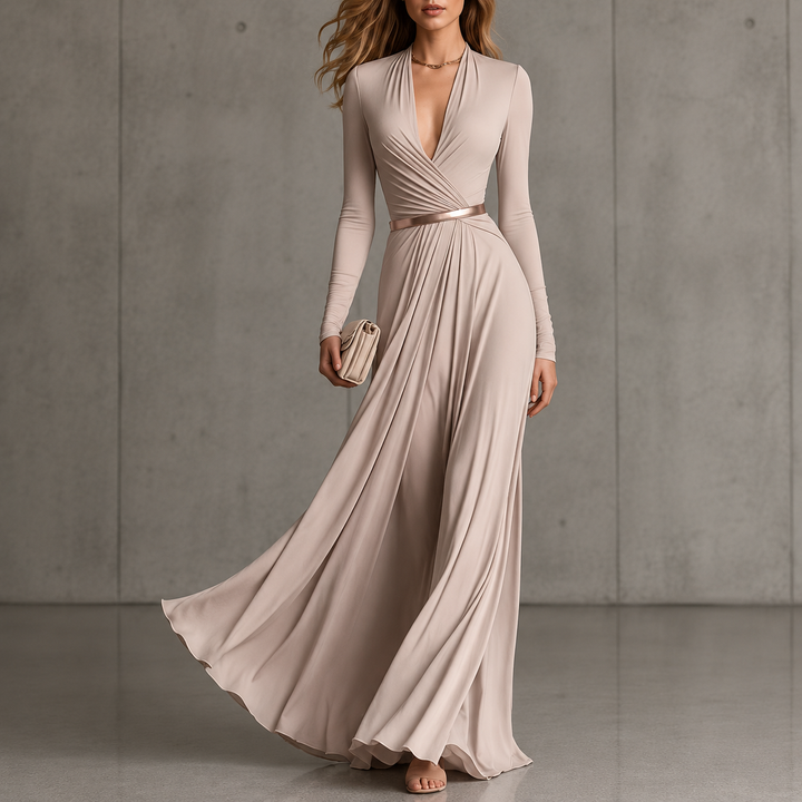 Marguerite™ | Apricot maxi dress with deep V-neck and long sleeves