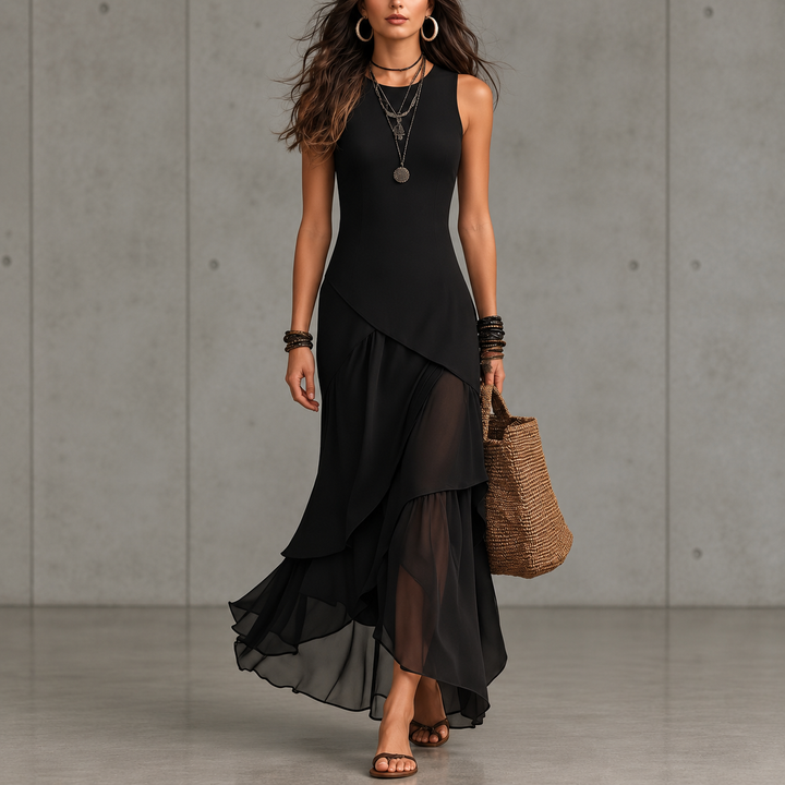 Cecelia™ | Black chiffon dress with ruffle trim and layered hem